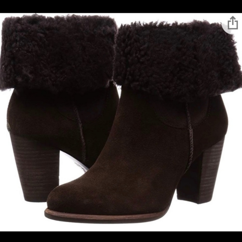 Ugg Charlee Suede Heeled Boot Feather Shearling Designer Winter Warm Cuffed #447